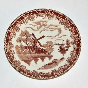 Vintage Brown Transferware Saucer Windmill Boat Oak Leaf Plate JAPAN Dish
